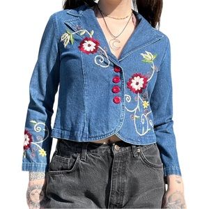 Y2K Floral Embroidered Denim Blazer • Size Small 🌼🌹